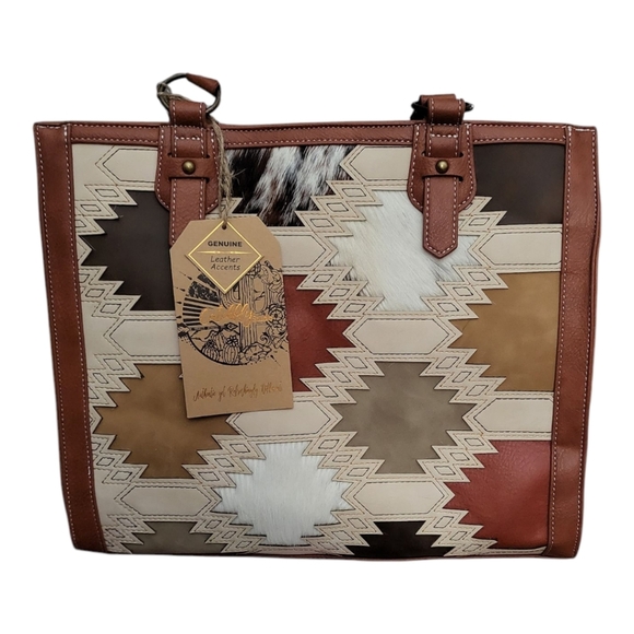 catchfly Handbags - Catchfly Women's Southwestern Color Block With Brindle Inlay Tote Purse - Brown